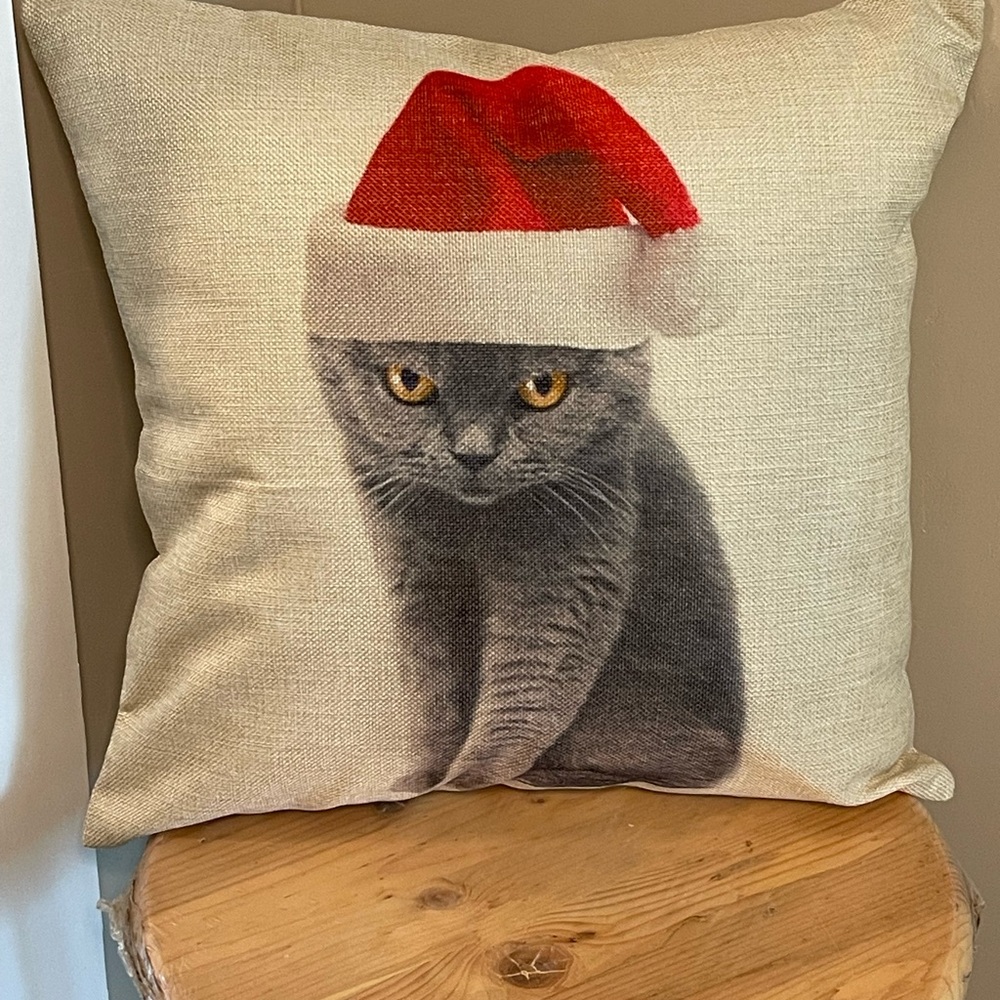 New Handmade Festive Cat Holiday Decorative Throw Pillow with Red Santa Hat